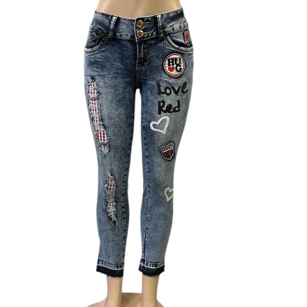Paris Collection Patchwork Distressed Mid Rise Raw Hem Ankle Crop Blue Jeans 3
